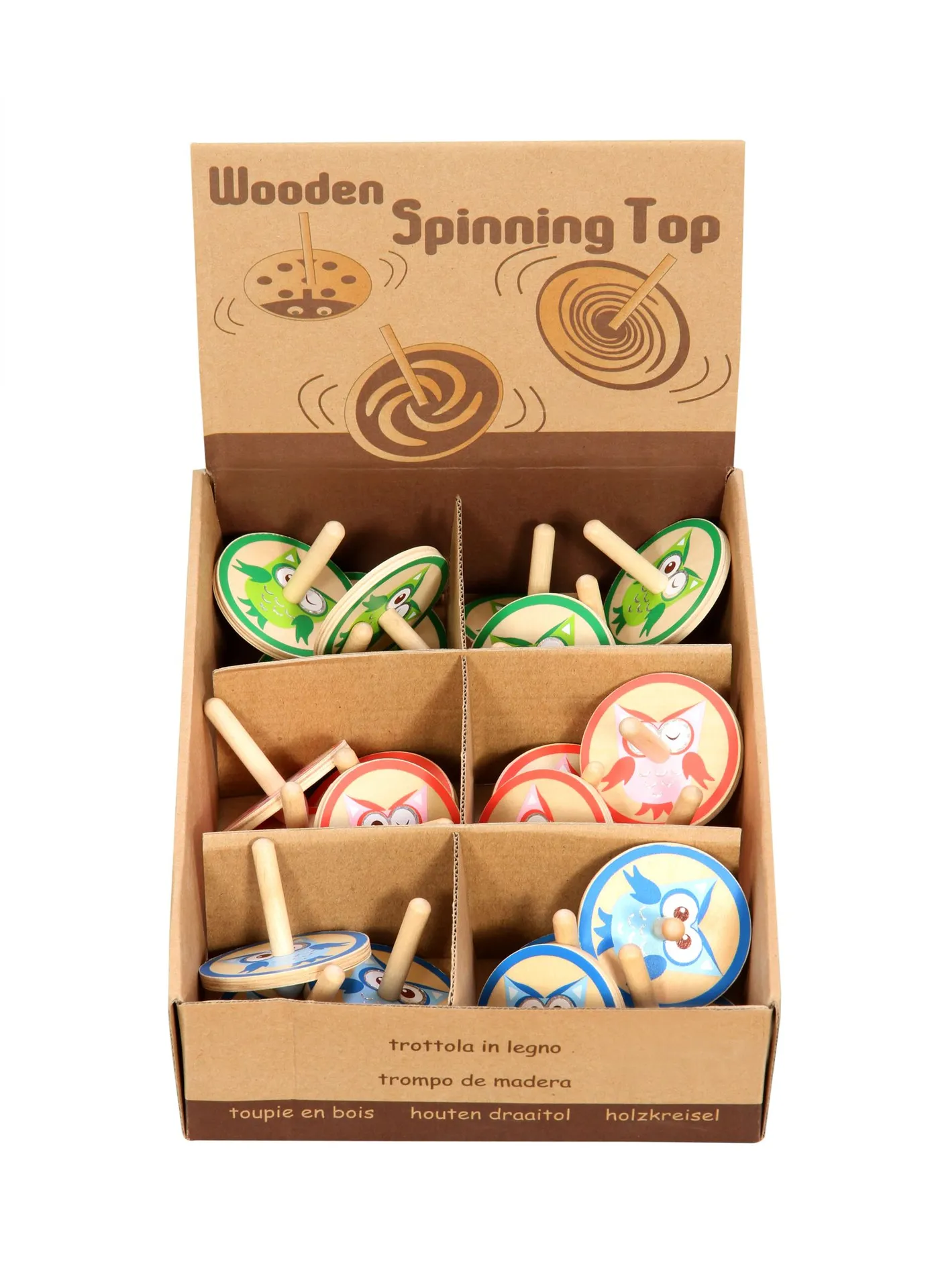 70180-Holzkreisel Eule Verpackung weiß