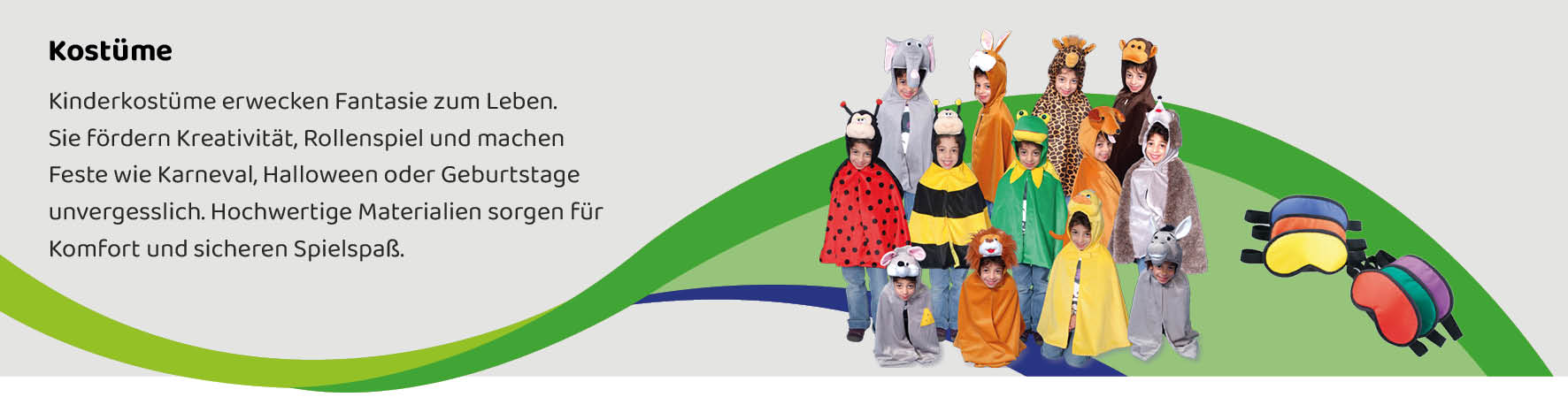 Kinder in bunten Tierkostümen für Karneval, Halloween und Geburtstage – hochwertige Verkleidungen für fantasievolles Rollenspiel