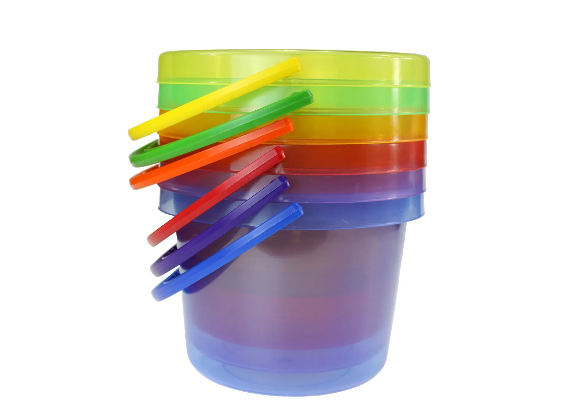6 transluzente Eimer auf weißem Hintergrund Bunte Eimer transluzent, 6er Set | Dragon Toys